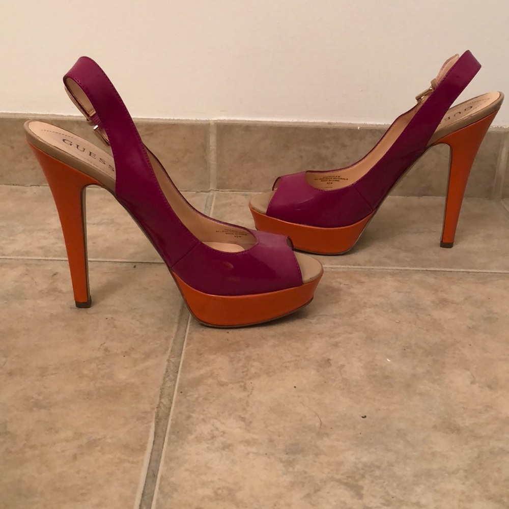 Fuscia and Orange platform Guess pumps